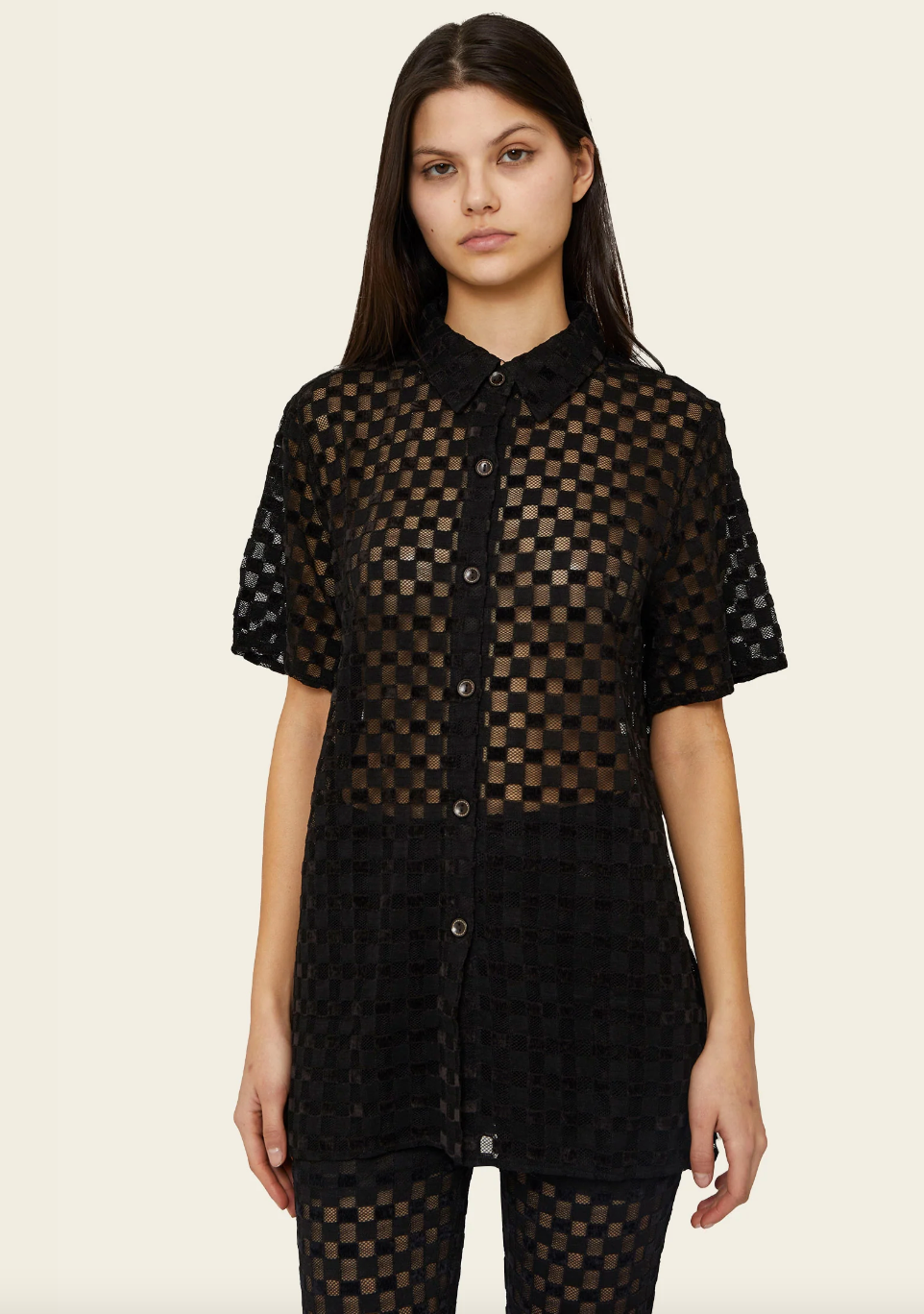 Harmony Checkered Mesh Button Down, Black