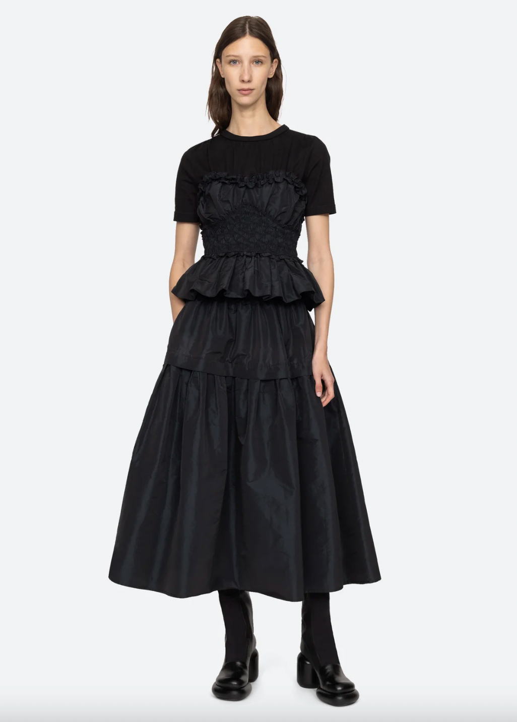 Diana Taffeta Smocked Midi Skirt, Black