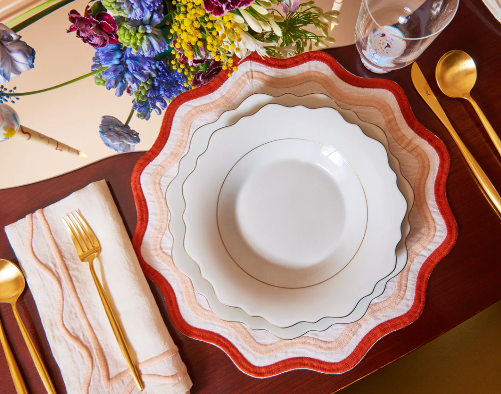 Colorblock Embroidered Linen Placemats in Pink / Rust (Set of 4)