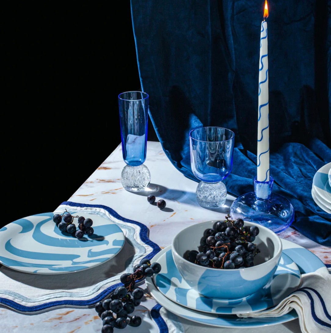 Colorblock Embroidered Linen Placemats in Blue (Set of 4)