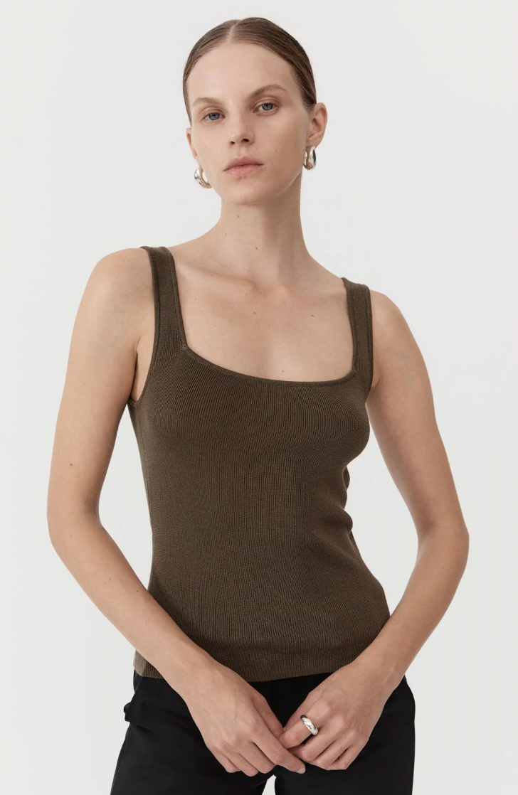 Square Neck Knit Singlet, Kelp