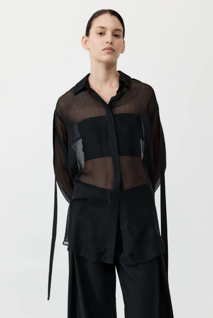 Pinstripe Silk Shirt, Black