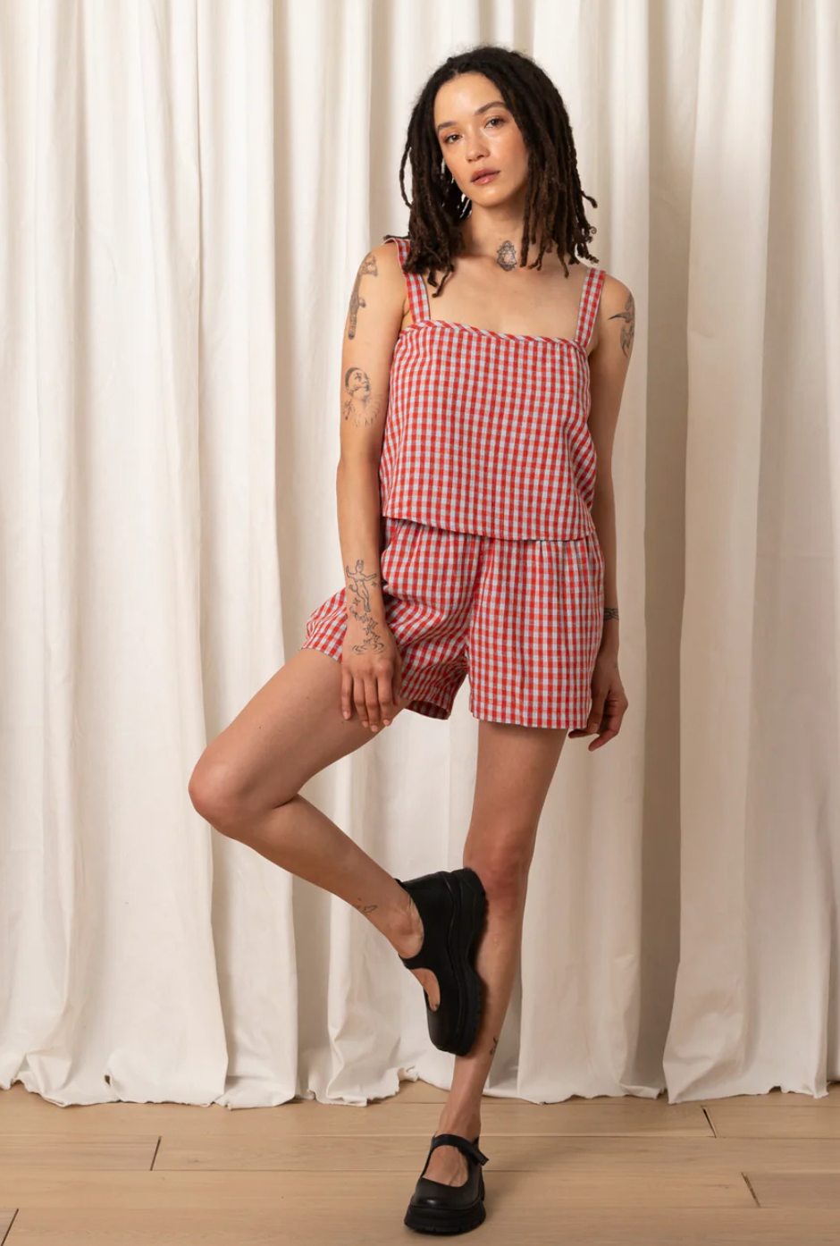 Button Back Tank, Poppy/Ice Gingham