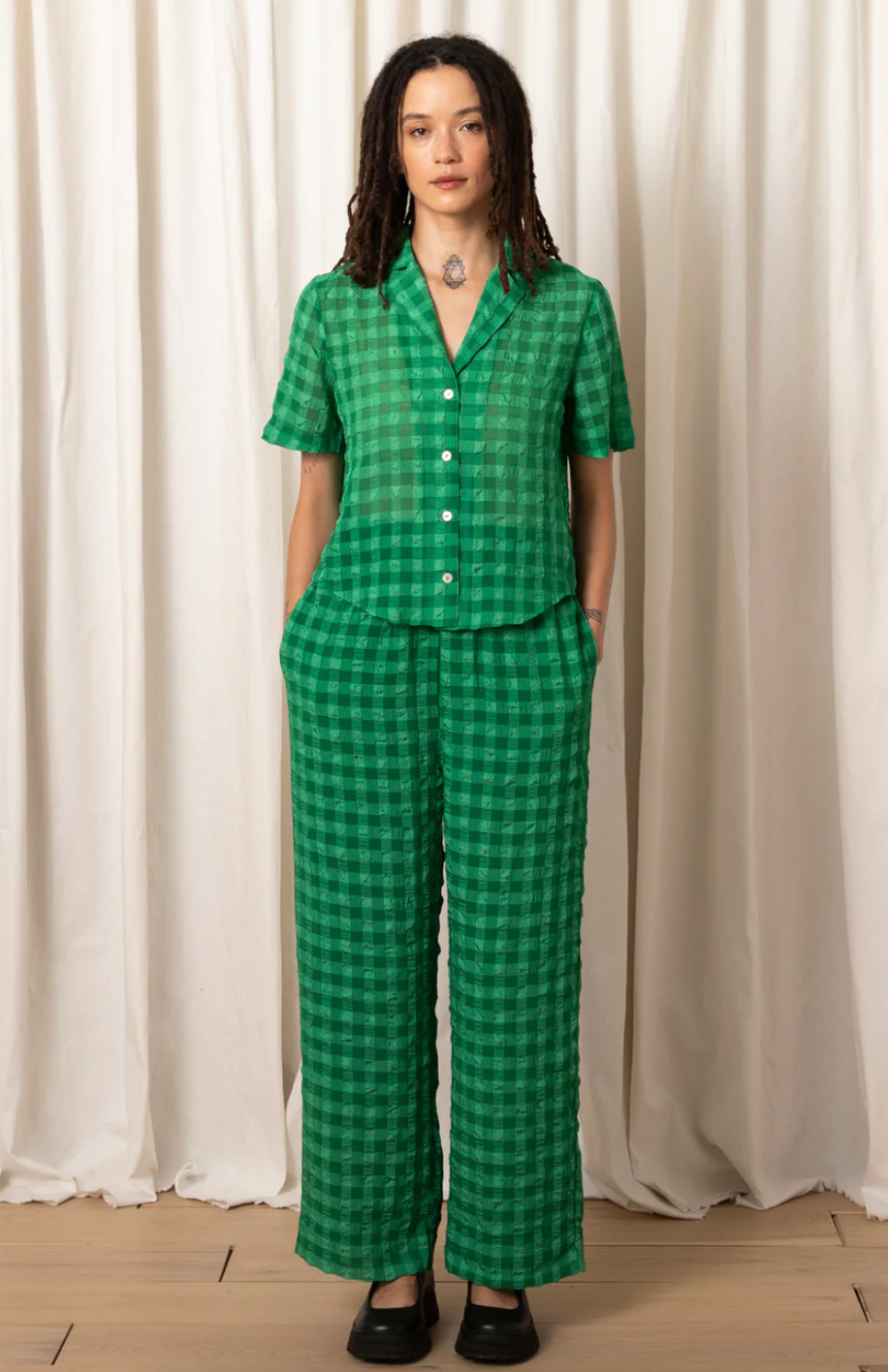 Straight Leg Elastic Pant, Kelly Green Check