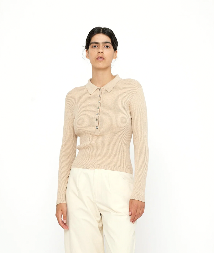 Long Sleeves Collared Ribbed Tee, Tan