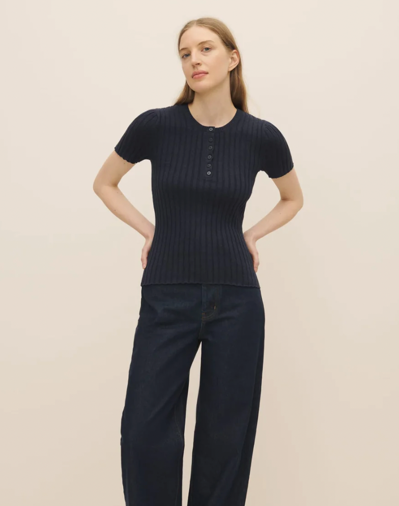 Henley Knit Top, Navy Marle