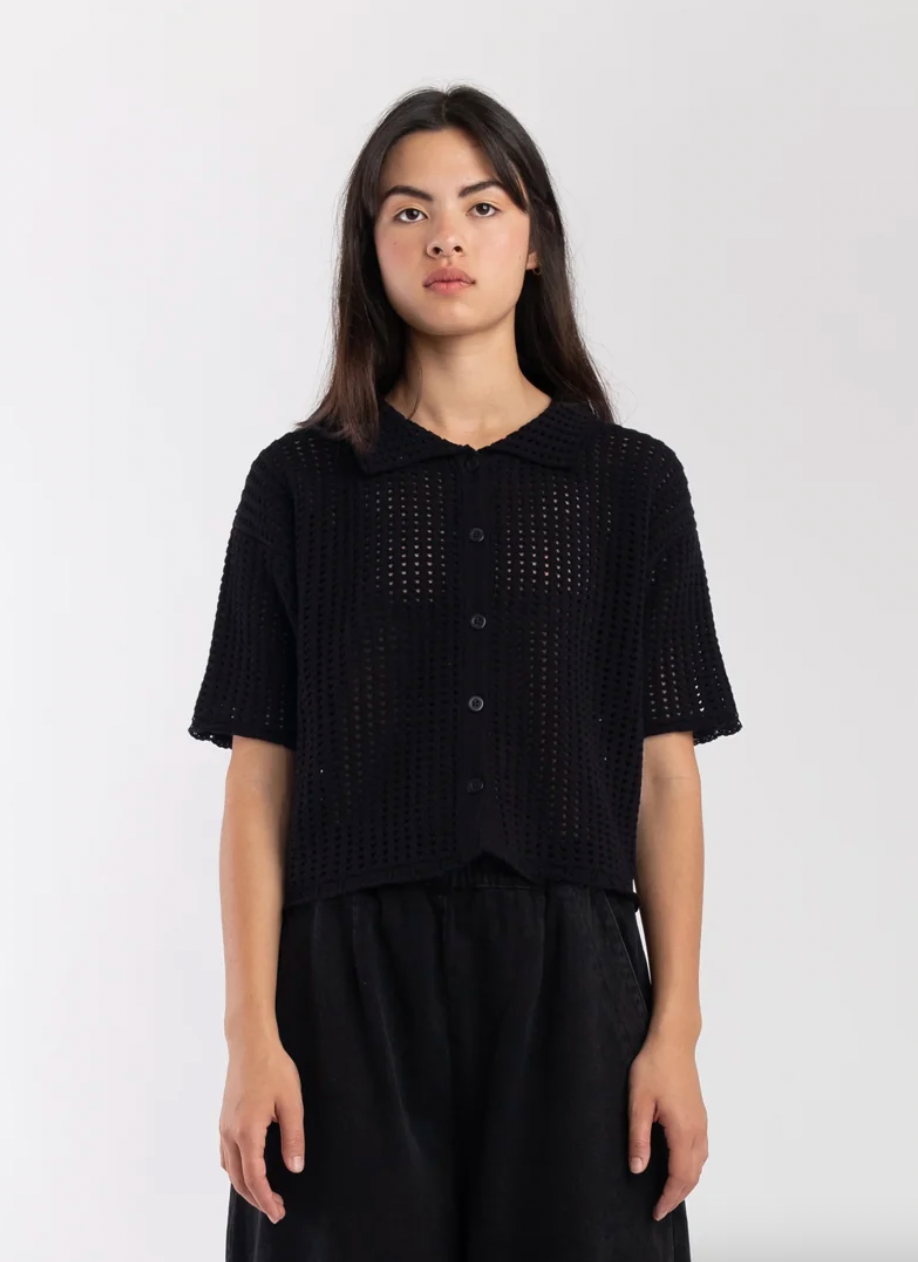 Open Knit Polo, Black