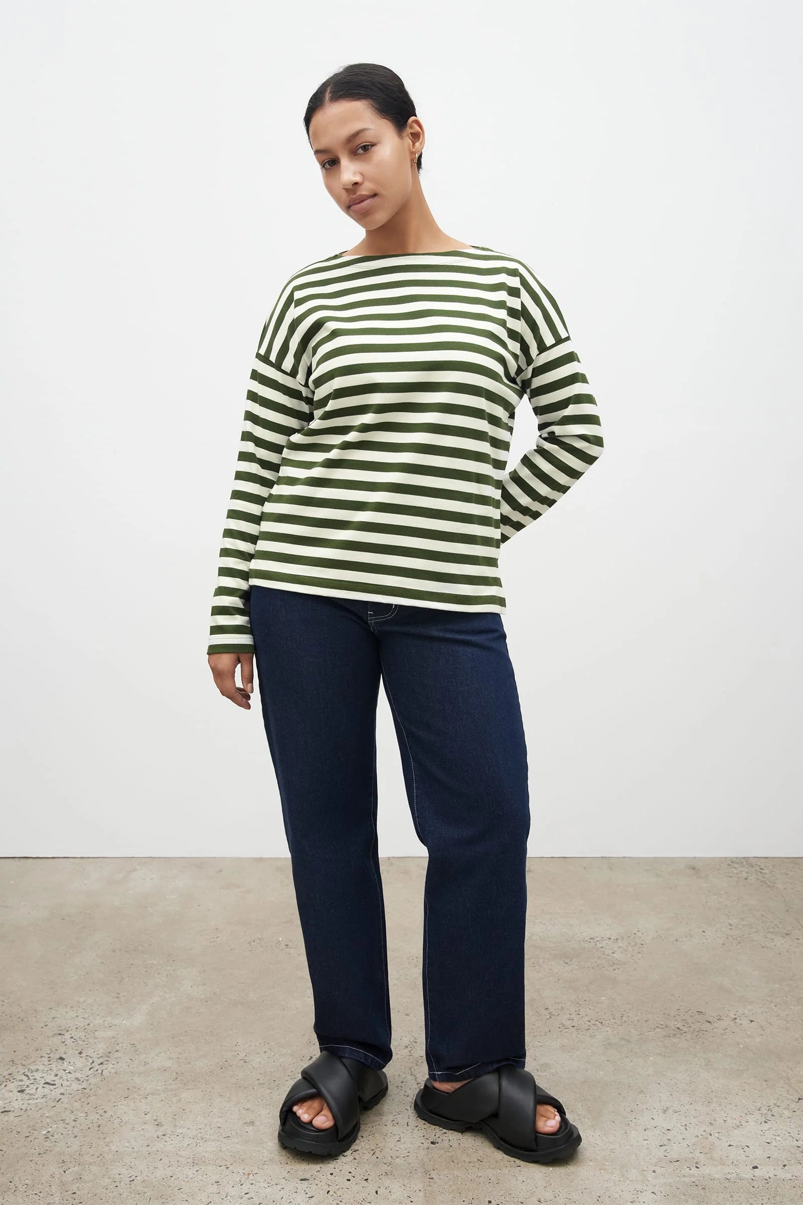 Breton Sweater, Deep Green Stripe