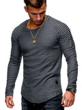 Men'S Round Neck Slim Solid Colour Long-Sleeved Striped Ruffle T-Shirt