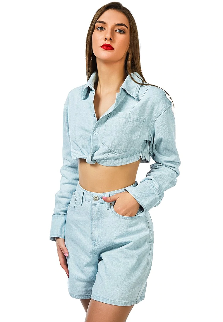 DENIM TIED HEM CROPPED SHIRT