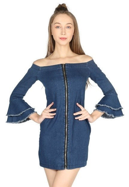 Denim Front Zip off Shoulder Short Dress