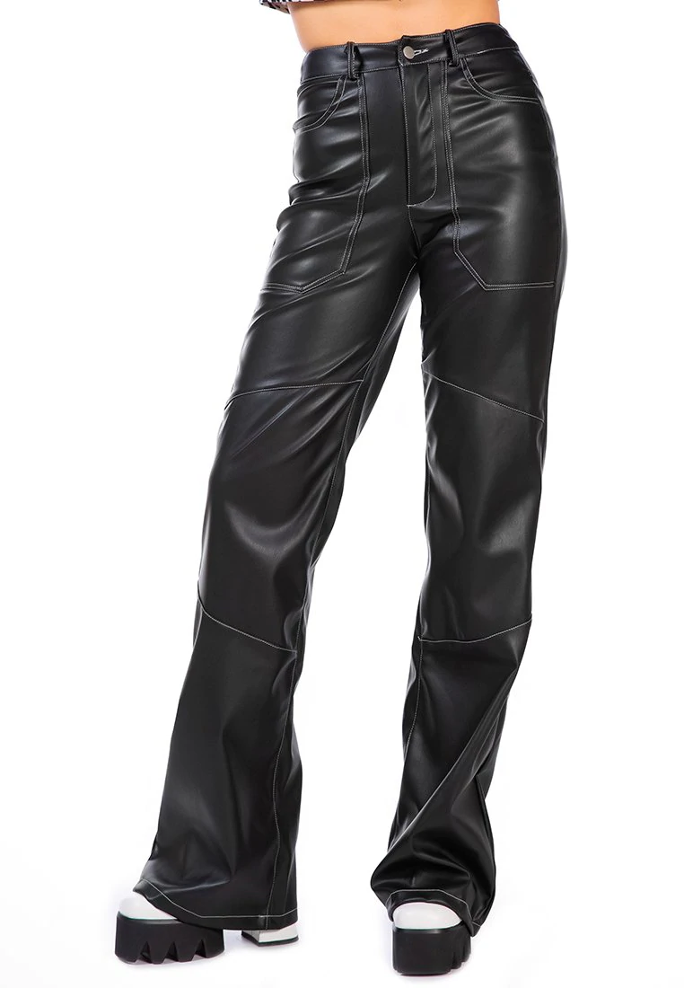 FAUX LEATHER CONTRAST STITCH PANELLED PANTS