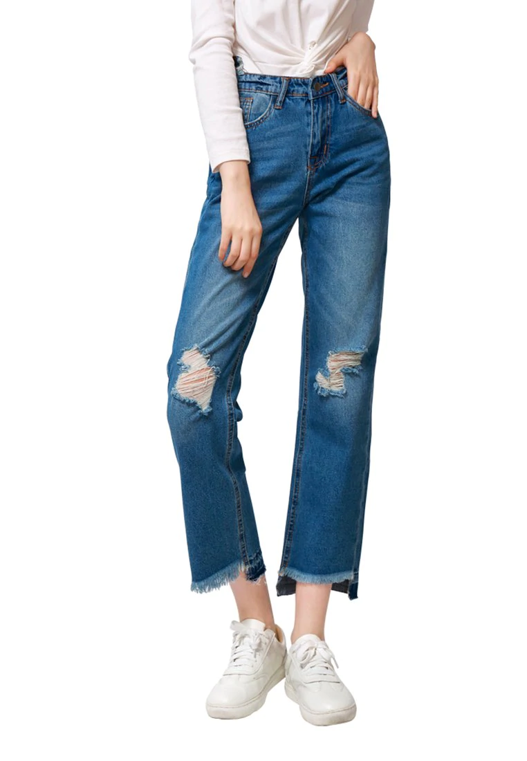 FRAYED RELAXED FIT DENIM JEANS