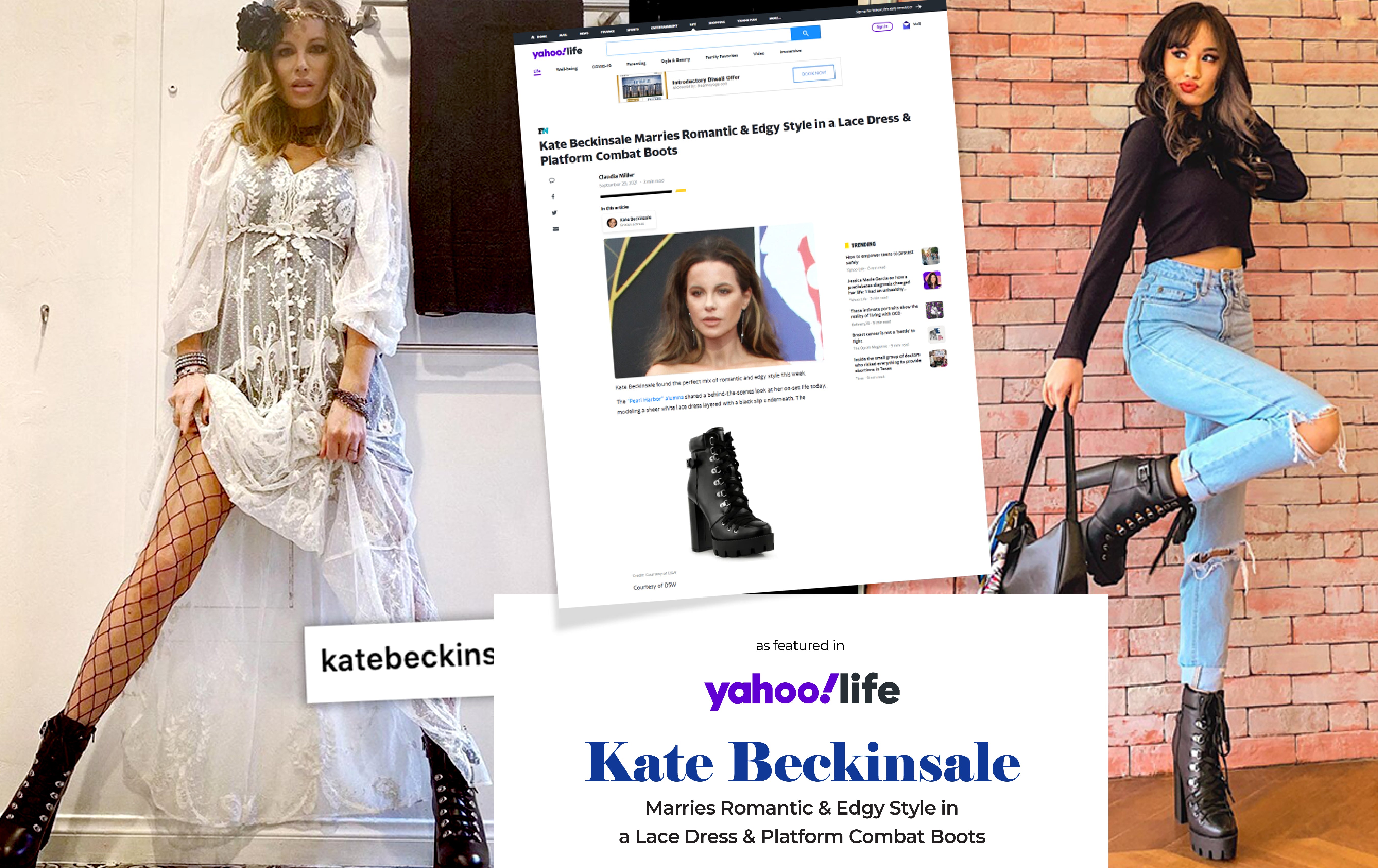 Kate Beckinsale แต่งงานกับสไตล์โรแมนติกและความหงุดหงิดในรองเท้าบูทชุดลูกไม้และแพลตฟอร์ม