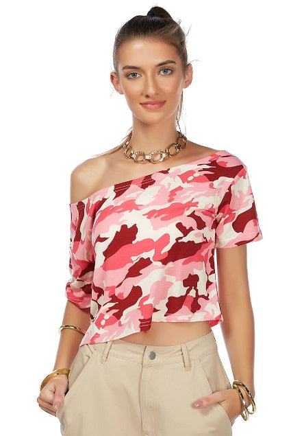 PINK CAMOUFLAGE SELF STYLE CROP TOP