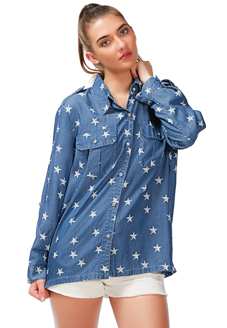 Camisa de mezclilla de noche estrellada en azul