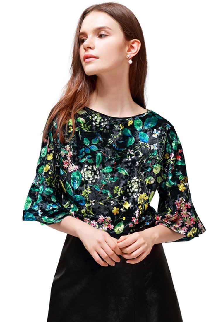 shiny floral top with bell sleeves