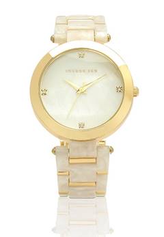 Gold White Marble Finish Round Dial Womens Watch