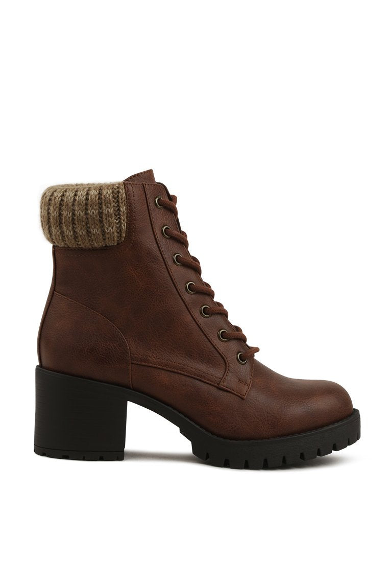 AIMEE KNITTED COLLAR LACE-UP ANKLE BOOTS
