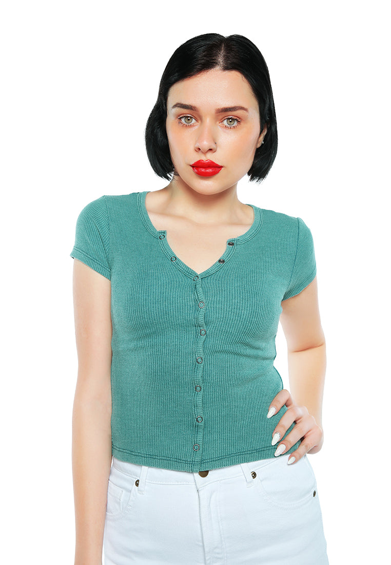 solid button up knitted top#color_dark-green