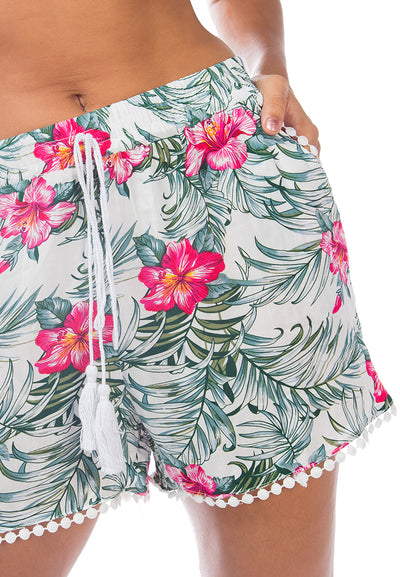 tropical printed pom pom shorts#color_pink