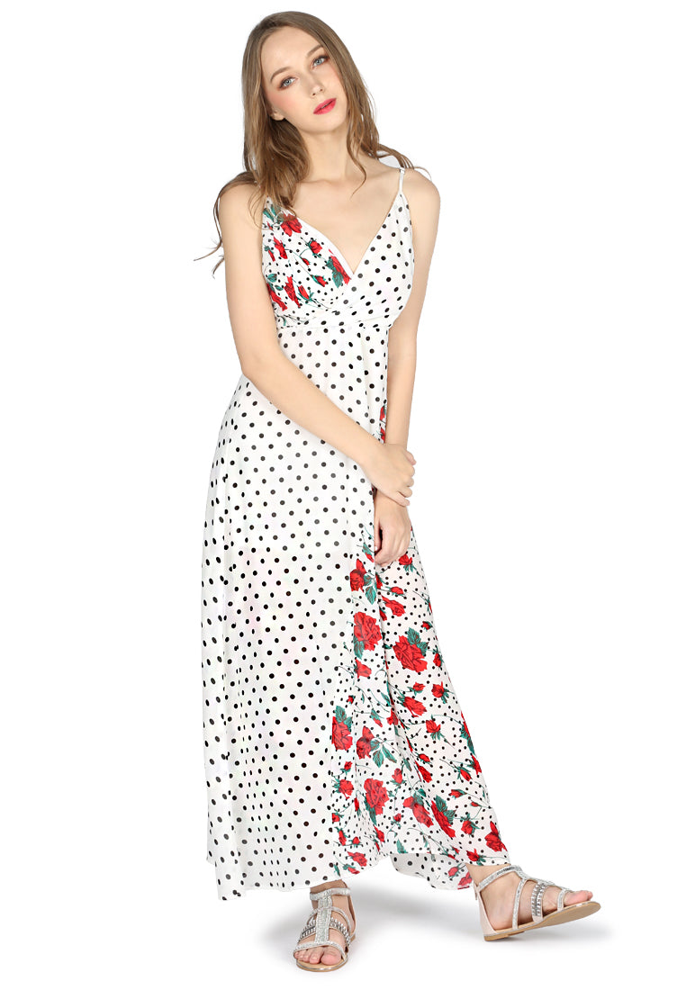 SPAGHETTI MAXI DRESS WITH BLACK POLKA DOT AND FLOWER PRINT