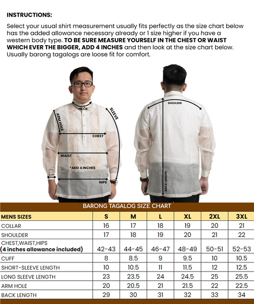 Barong Tagalog Size Chart