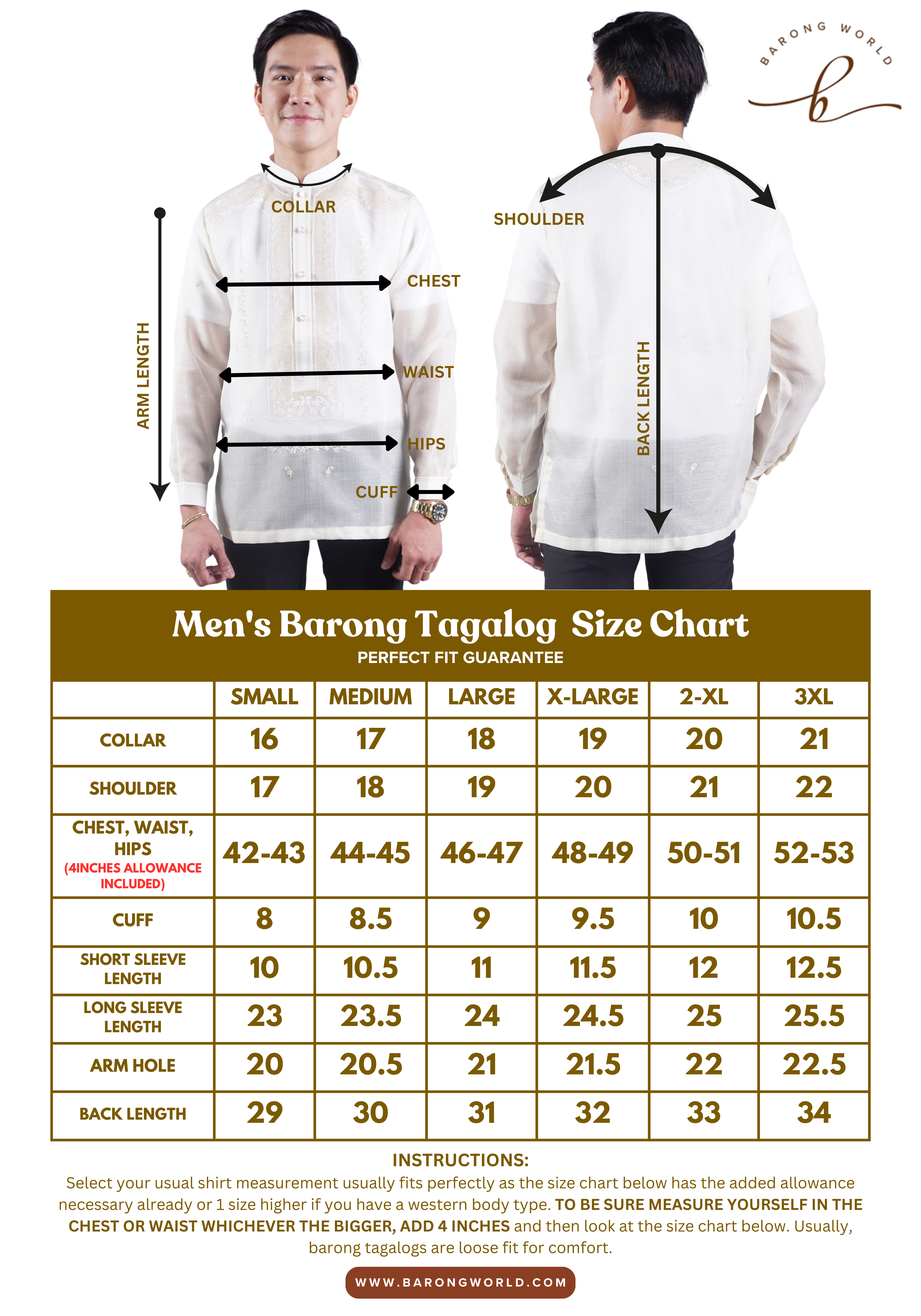 Barong Tagalog Size Chart