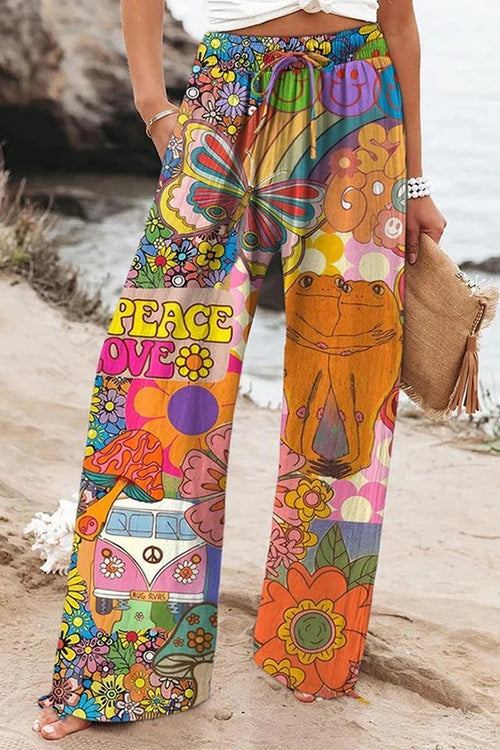 Rebadress Drawstring Elastic Waist Wide Leg Floral Print Pants