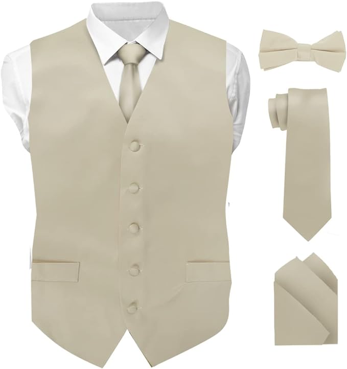 Vittorio Farina Men's Satin Vest, Necktie, Bow Tie and Pocket Square Set (White Back)