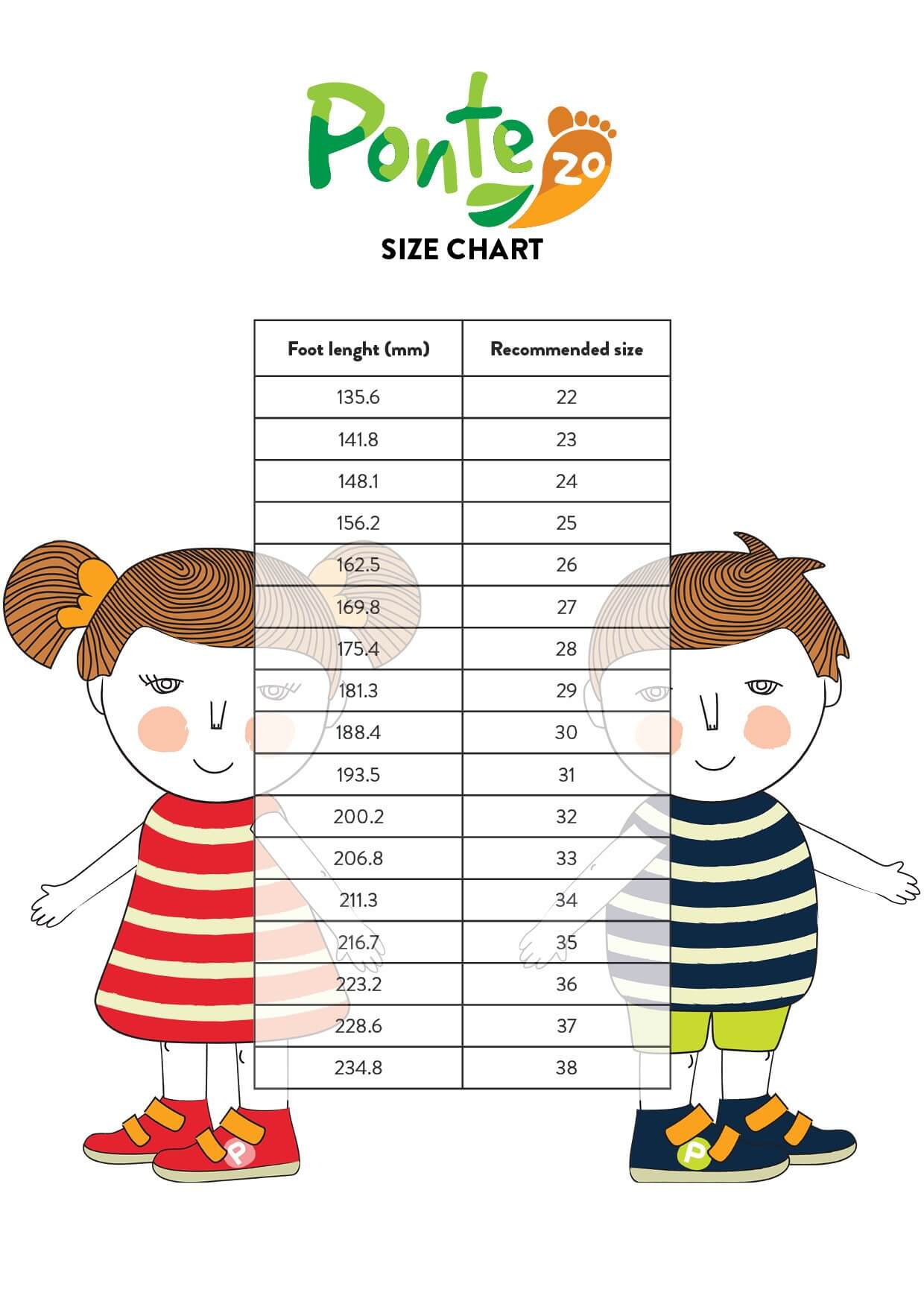 Ponte20 children shoes size chart