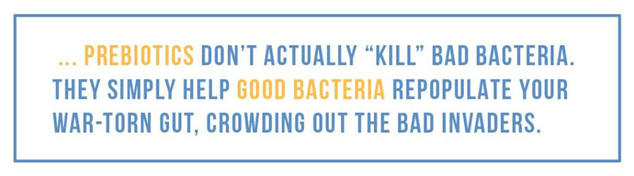 Graphic saying Prebiotics don't actually kill bad bacteria. They simply help good bacteria repopulate your war-torn gut, crowding out the bad invaders