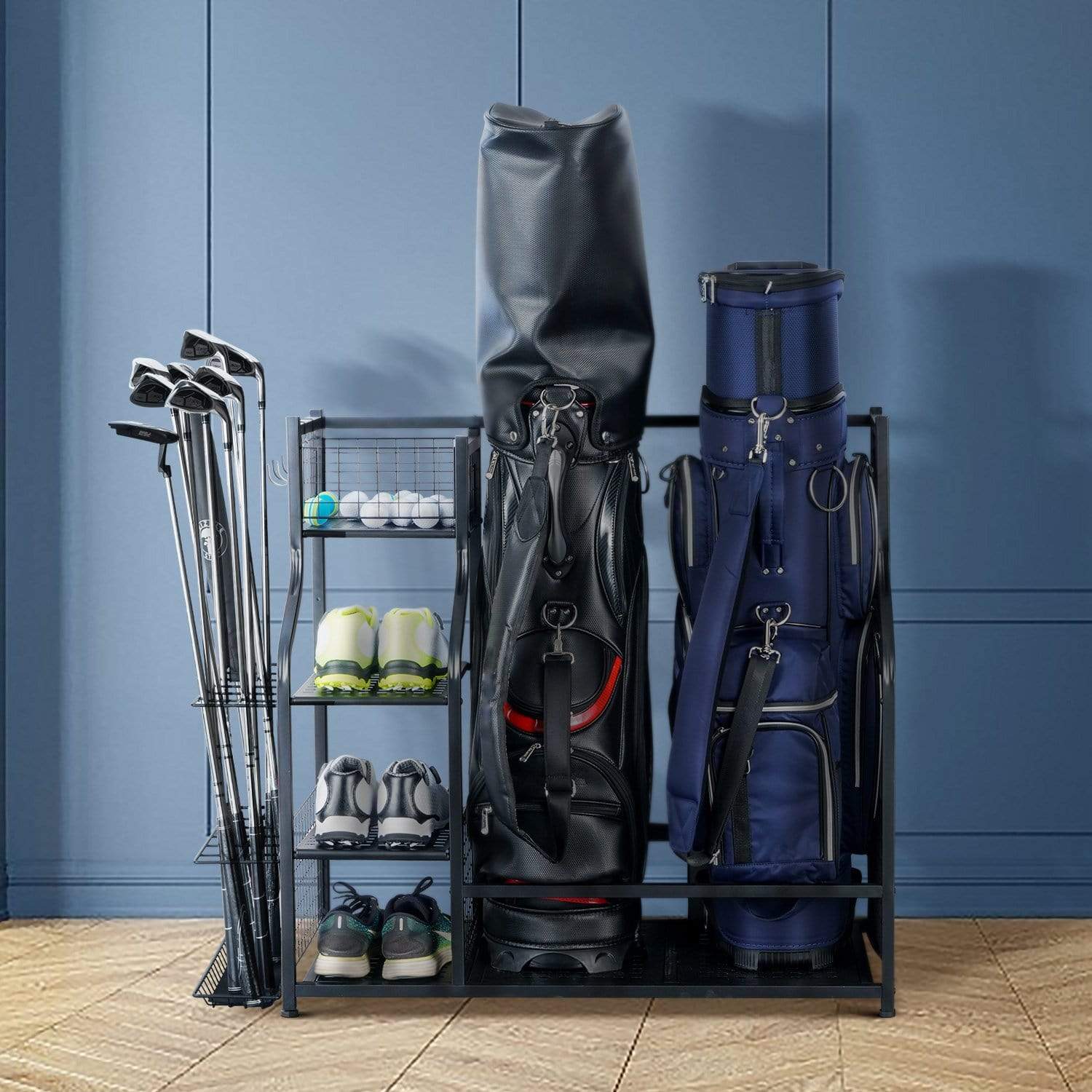 Golf Club Rack For Garage With Extra Golf Bag Rack And Top Organizer