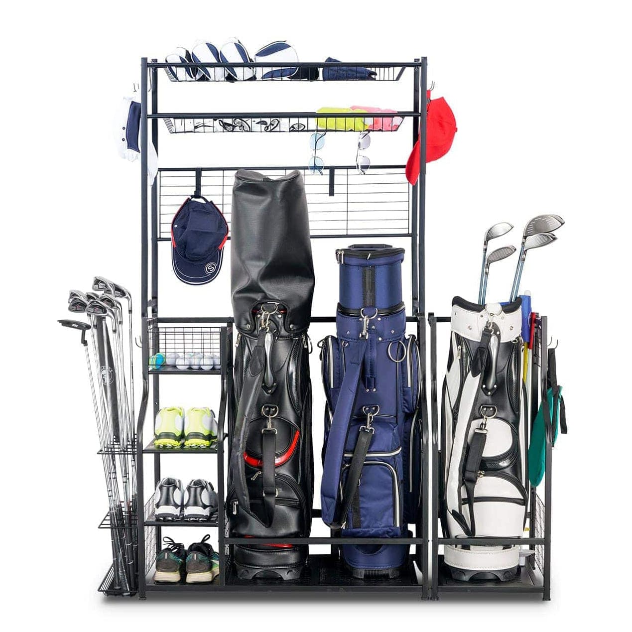 Golf club Rack for Garage with Extra Golf Bag Rack and Top Organizer