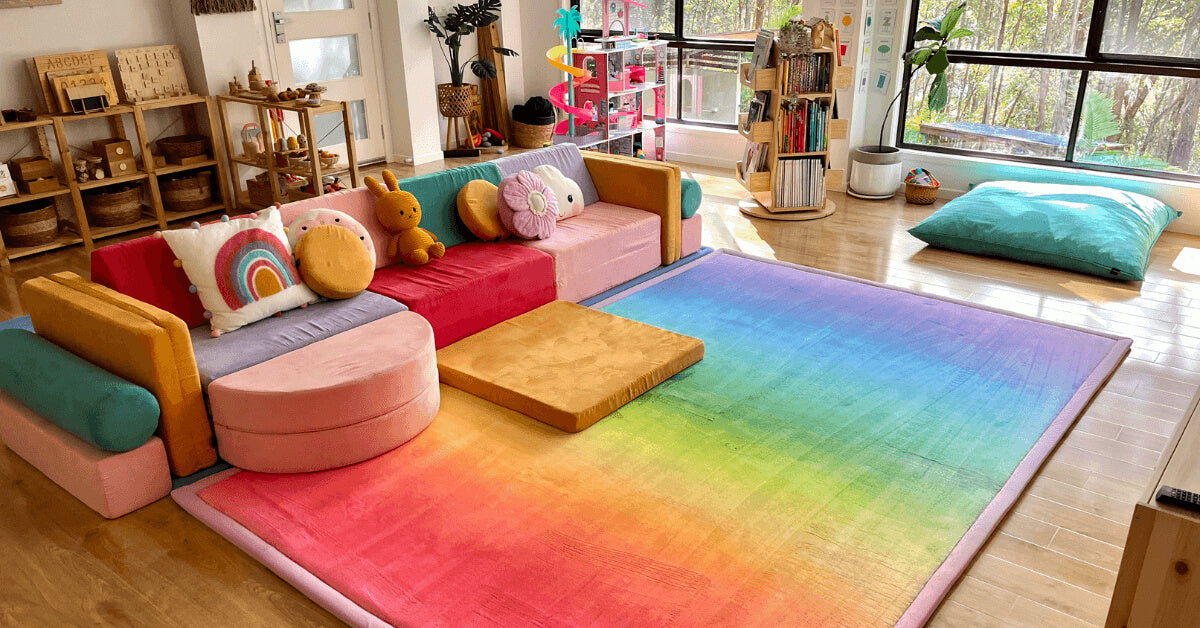 Rainbow everywhere, like our new rainbow Cloud Mat, currently sold out but returning soon!