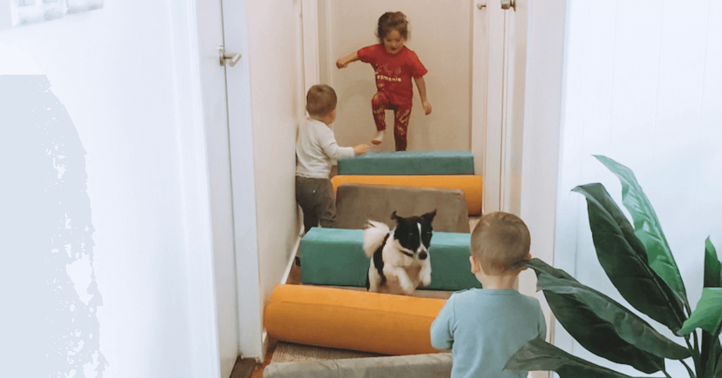 This indoor obstacle course was easily created, and was a great social hub for kids and puppies alike!