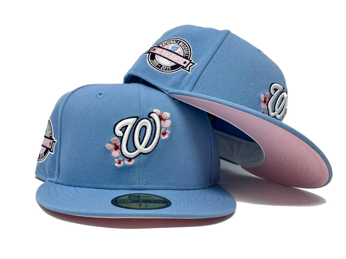 light blue fitted hat pink brim