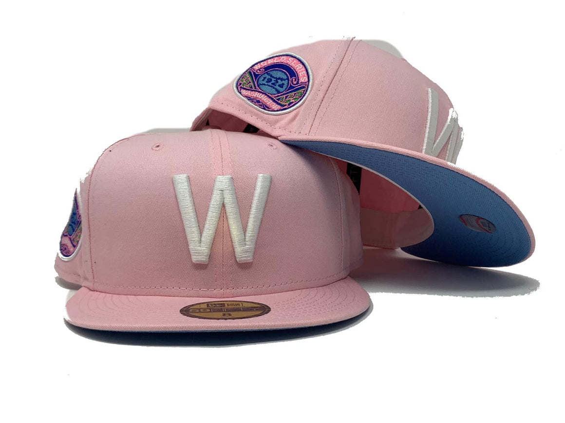 light blue fitted hat pink brim