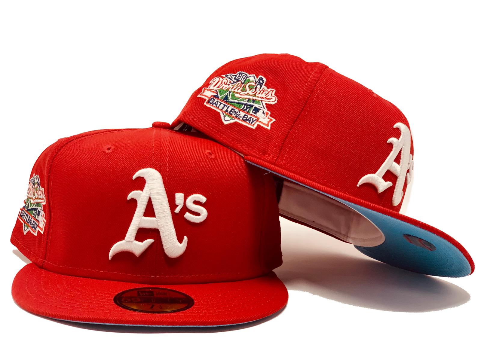 OAKLAND ATHLETICS 1989 BATTLE OF THE BAY RED ICY BRIM NEW ERA FITTED H ...