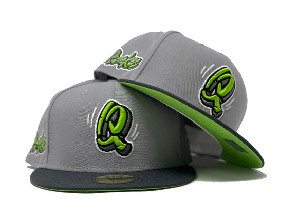 grey and lime green fitted hats