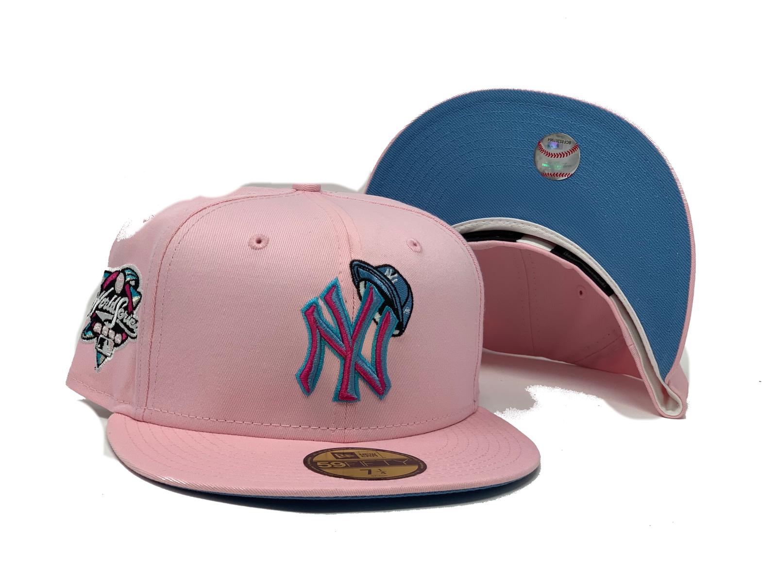 light blue fitted hat pink brim