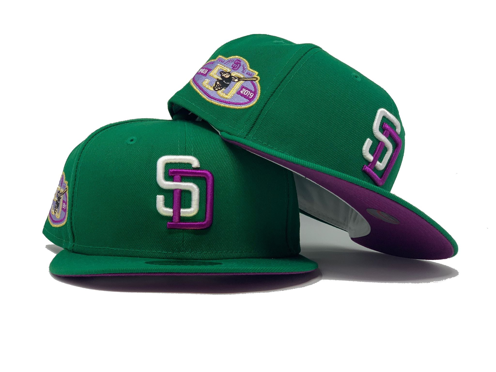 green and purple fitted hats