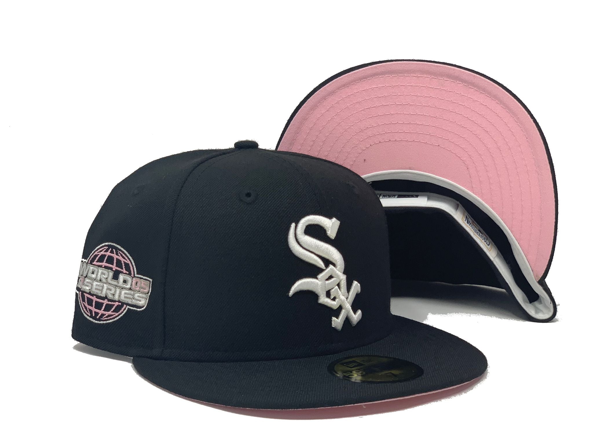 pink brim white sox hat