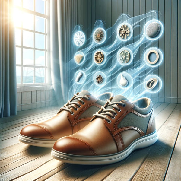 Een realistische afbeelding van frisse en schone schoenen in een luchtige en goed geventileerde omgeving, wat de preventie van schoengeur symboliseert. De schoenen zijn afgebeeld met een nadruk op hun frisheid, met visuele elementen zoals frisse lucht, zonlicht en een schone setting, die suggesties bieden voor praktijken om schoenen geurvrij te houden.