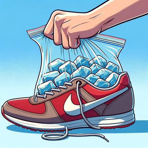 Vereenvoudigde cartoon van een hand die een zak ijs in een schoen plaatst om schoenen die te strak bij de tenen zitten op te rekken.