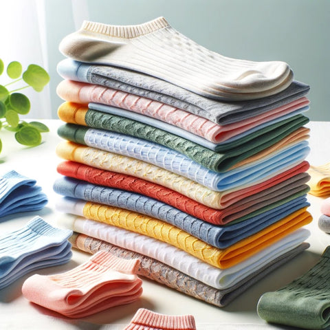 Kleurrijke katoenen sokken op een rij, benadrukkend hoe ademend en comfortabel ze zijn, met achtergrond elementen die frisheid en bescherming tegen schuren en blaren suggereren.