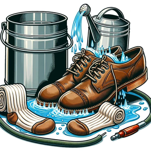 Cartoonafbeelding van een paar bruine schoenen naast emmers water en dikke sokken, voor het oprekken van schoenen die te strak bij de tenen zitten.