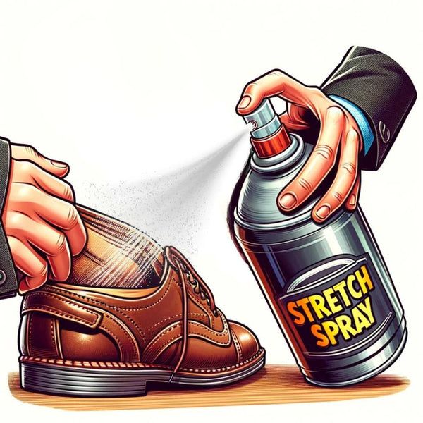 Cartoon van een hand die stretchspray aanbrengt in de binnenkant van een schoen om schoenen die te strak bij de tenen zitten op te rekken.