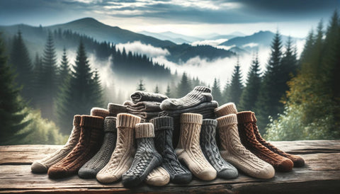 Wollen sokken in een buitenomgeving met een mistig bos op de achtergrond, wat de natuurlijke warmte en bescherming voor wandelaars en avonturiers benadrukt.