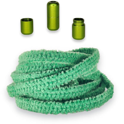 Groen Fluffy Elastische Veters 6mm met luxe draaicapsulesluiting opgerold: Agletless® Strikvrij & Stijlvol